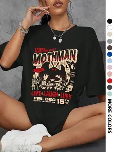 Retro Mothman "Live Laugh Lurk" Cryptid Graphic T-Shirt, Vintage Point Pleasant West Virginia Print Oversized Crew Neck Tee, Unisex Short Sleeve Streetwear Cotton Top, Trendy Halloween Aesthetic Shirt for Cryptid Lovers, Horror Fans and Casual Outfit
