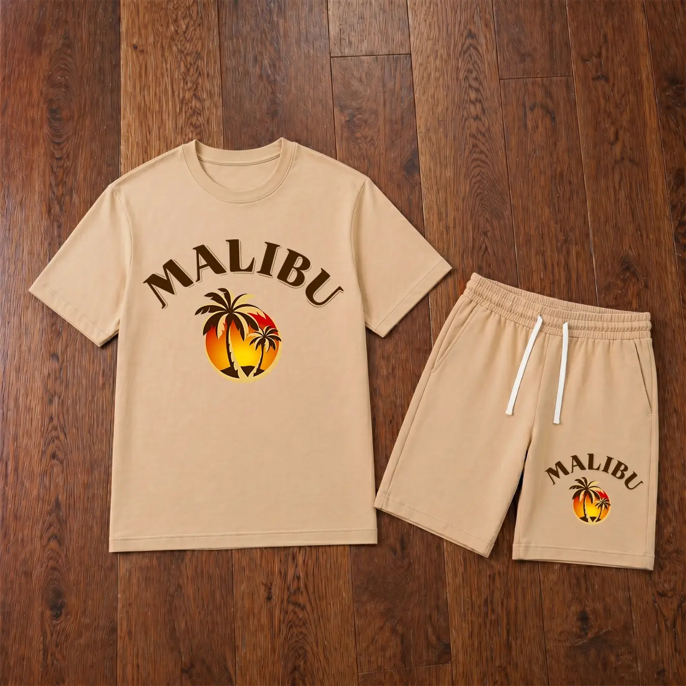 Men’s Malibu Palm Tree 2 Piece Outfit, Graphic Short Sleeve T Shirt with Elastic Waist Drawstring Shorts, Soft Breathable Summer Matching Set for Beach Vacation, Resort Wear, Travel, Weekend Relaxing, Street Style and Everyday Comfort