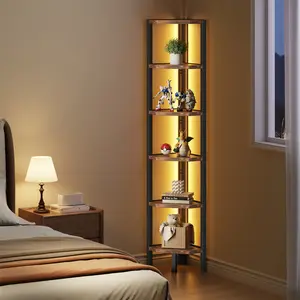 Flycity SIX-layer angular shelf stand, diamond-shaped corner shelf with light strips, corner bookshelf with LED lights, storage vertical shelf unit with metal frame, plant shelf, living room, home office, bedroom bookcase in rustic style in brown color