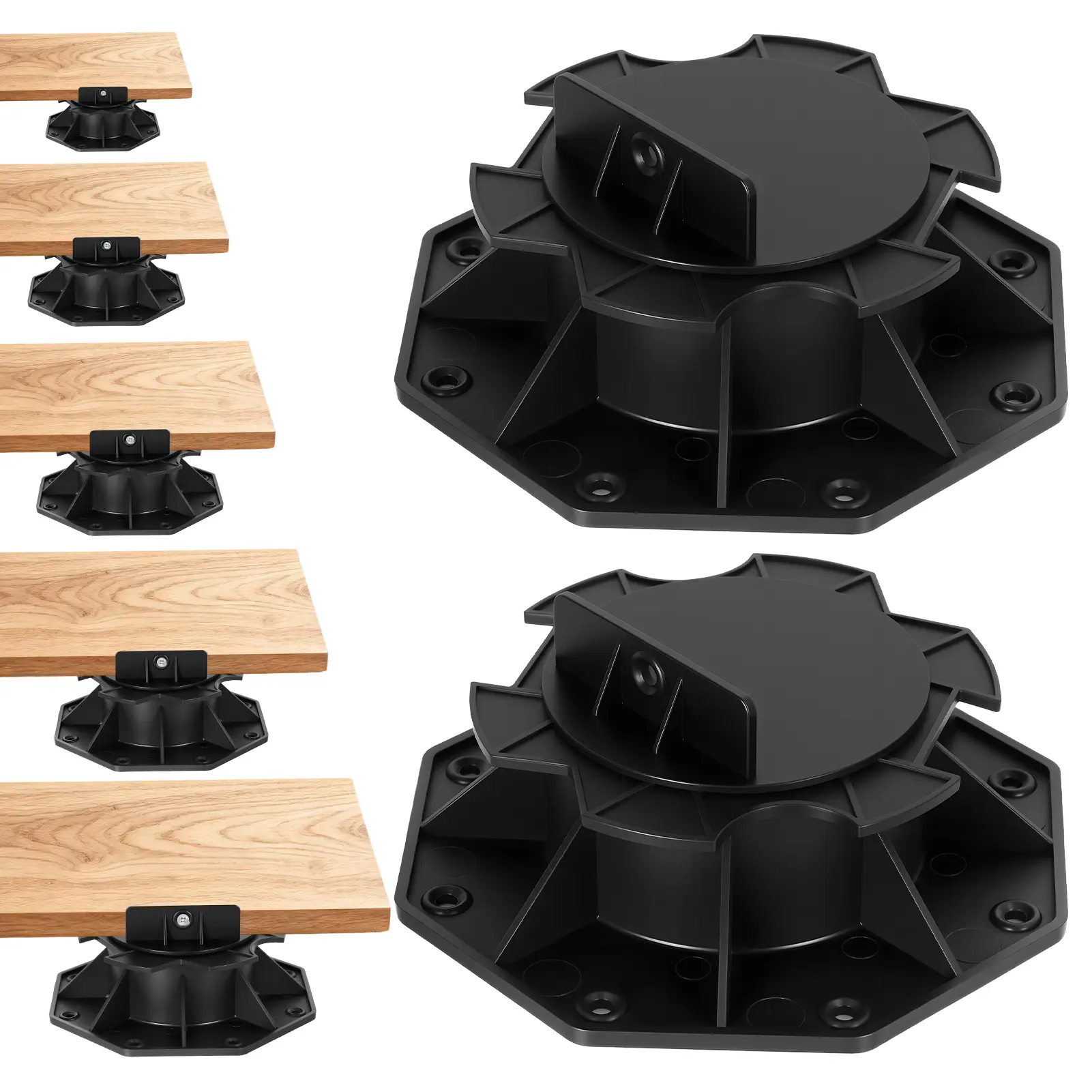 20-Pack Height Adjustable Plastic Deck Support Pedestal with Mounting Screws, PP Composite Foundation Base for Floating Decks (Joist Fit <3", Height Range 0.6"-0.8" or 2-3/8"-5-1/2"), Black