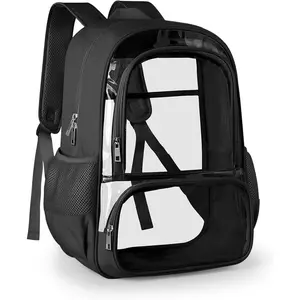 Clear Transparent Fabric & PVC Backpack with Reinforced Strap, Heavy Duty Large Capacity Clear Bookbag for Women Men, Perfect for Travel Security School Work, Black