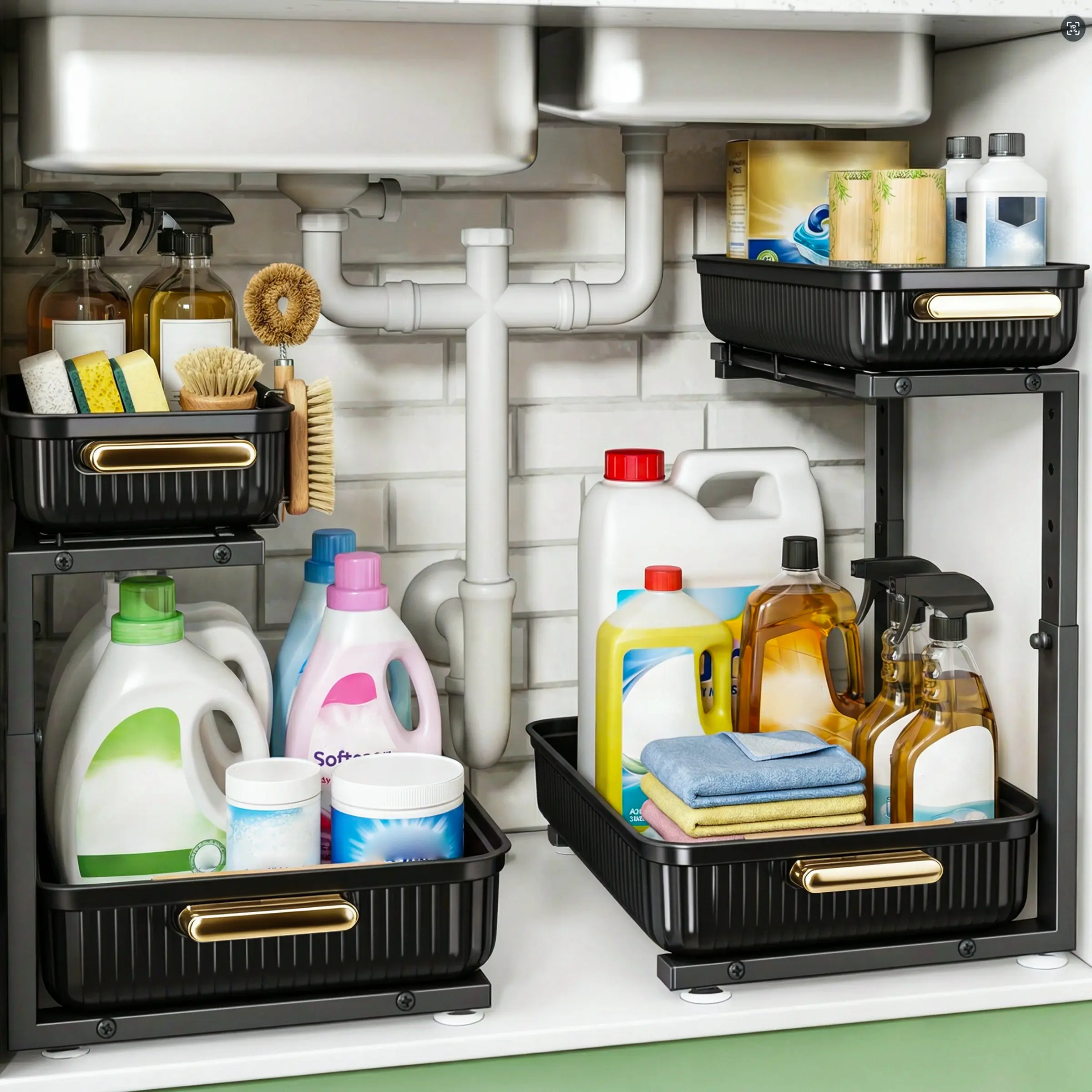 2-Pack Under Sink Multipurpose Storage Organizer Racks - Maximize Kitchen Space, Declutter - Black & Clear