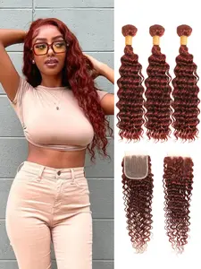 AUROO #33B Reddish Brown 3 Bundles with Closure, 100% Virgin 12A Brazilian Curly Weaves Thick Track Auburn Deep Wave Human Hair Bundles with 4x4 HD Lace Closure Copper Red Colored Human Hair Remy