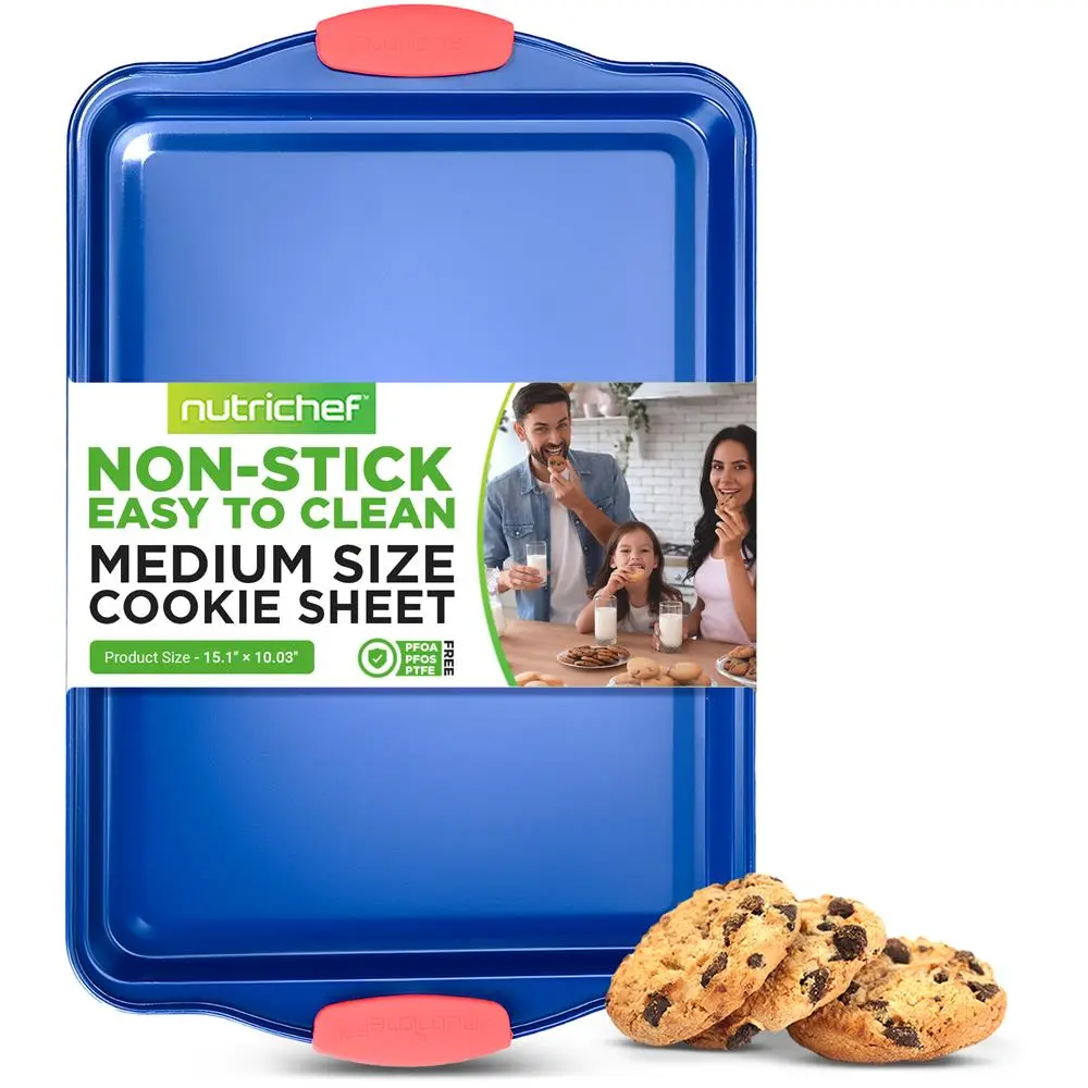 Medium Cookie Sheet | Nonstick Carbon Steel Non-Stick Baking Tray with Red Silicone Handles - Dishwasher Safe, PFOA PFOS PTFE-Free Bakeware for Cookies, Pastries & More - Home Baking Essentials