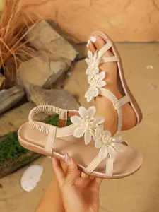 Comfortable Boho Floral Cross Strap Flat Sandals, Medium Width, PU Upper, Rubber Sole, Flatform Heel, Ideal for Summer Beach Vacations