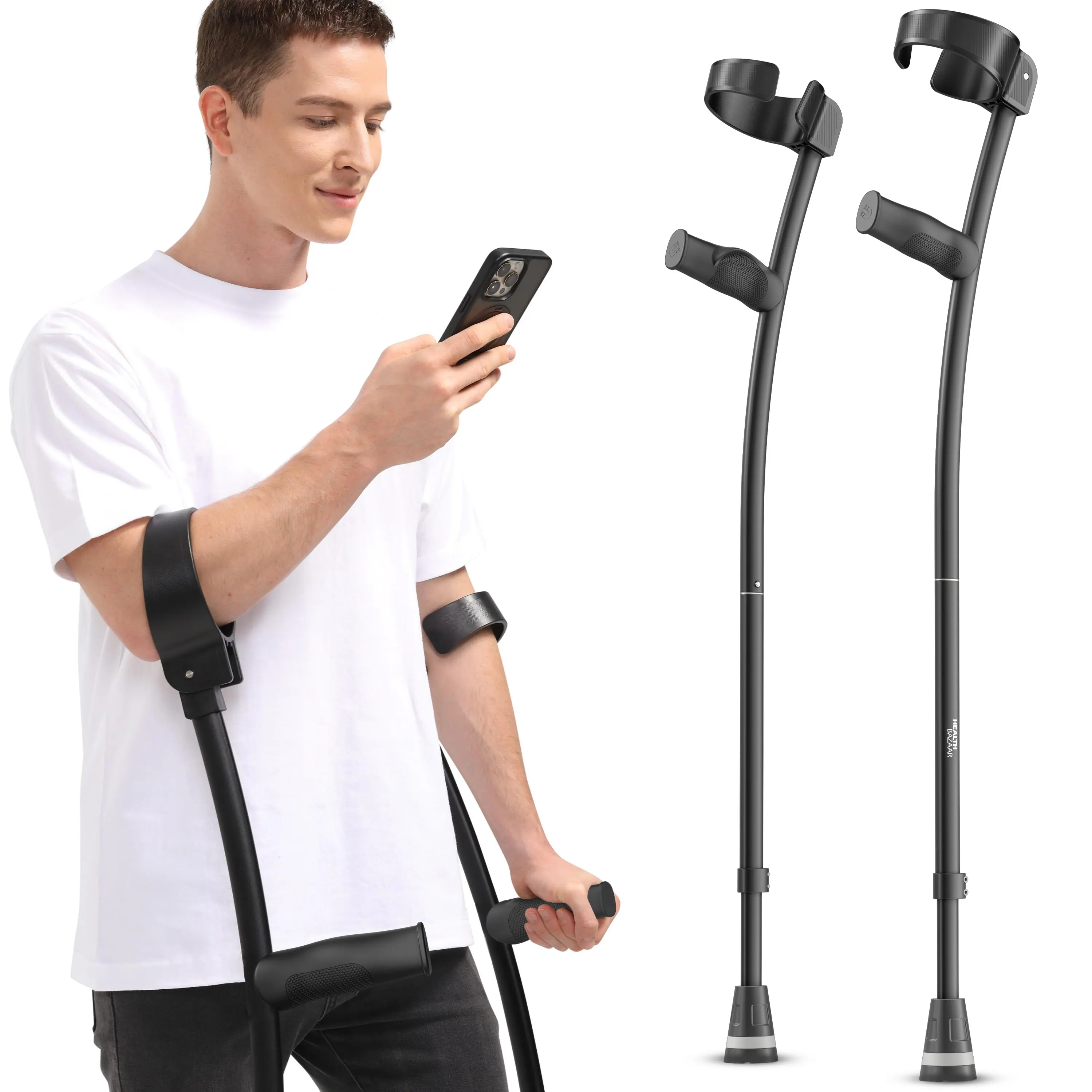 Ergonomic Forearm Crutches, Foldable and Height Adjustable Elbow Crutches with Magnetic Handles for Wall Support, Anti-Slip Base, Walking Aid for Adults