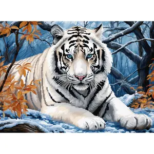 Animal White Tiger Latch Hook Rug Kit for Adults Easy Carpet Cushion with Printed Canvas Crochet Yarn Craft DIY Hooking Tapestry for Home Floor Decoration Pets Pads 52x38cm