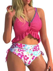 Women's Floral Print Bikini Set 2026ss, Ruffled Hem Top with Flower Bud Craftsmanship, Drawstring Bottoms, Perfect for Beach Vacation Summer
