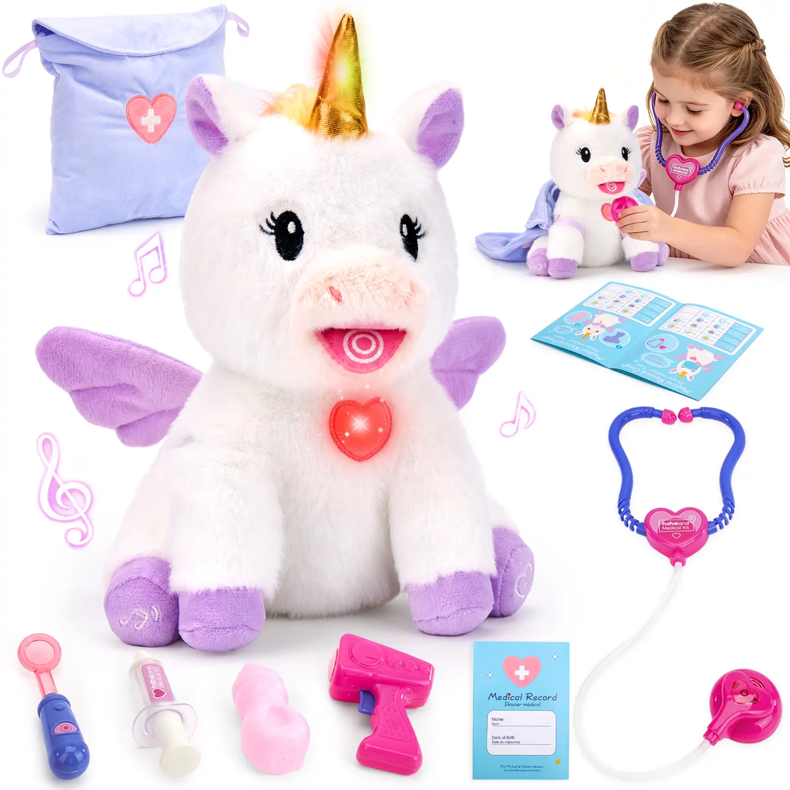 hahaland Talking Unicorn Care Plush, Doctor Pretend Play Toy for Girls 3-6 | 6 in 1 Unicorn toys for girls age 4-6 with 4 care stories, Pretend doctor tools, 12 Songs, Repeat-back Play Christmas Gifts