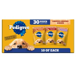 Adult Wet Dog Food Variety Pack, Chopped Ground Dinner Pouches with Real Animal Protein, 3.5 oz Pouches, 30 Count