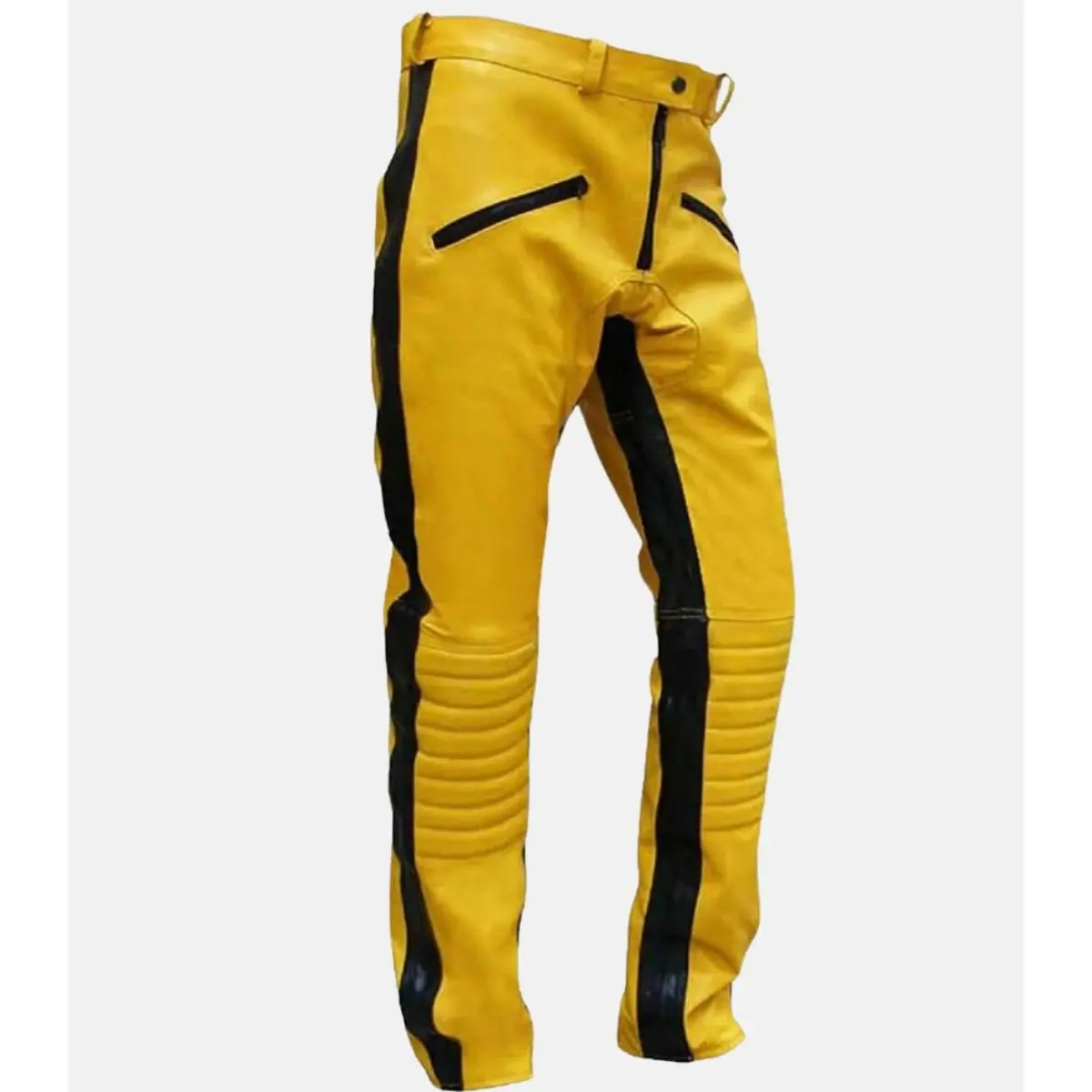 Men's Yellow Leather Pants with Black Stripes Design