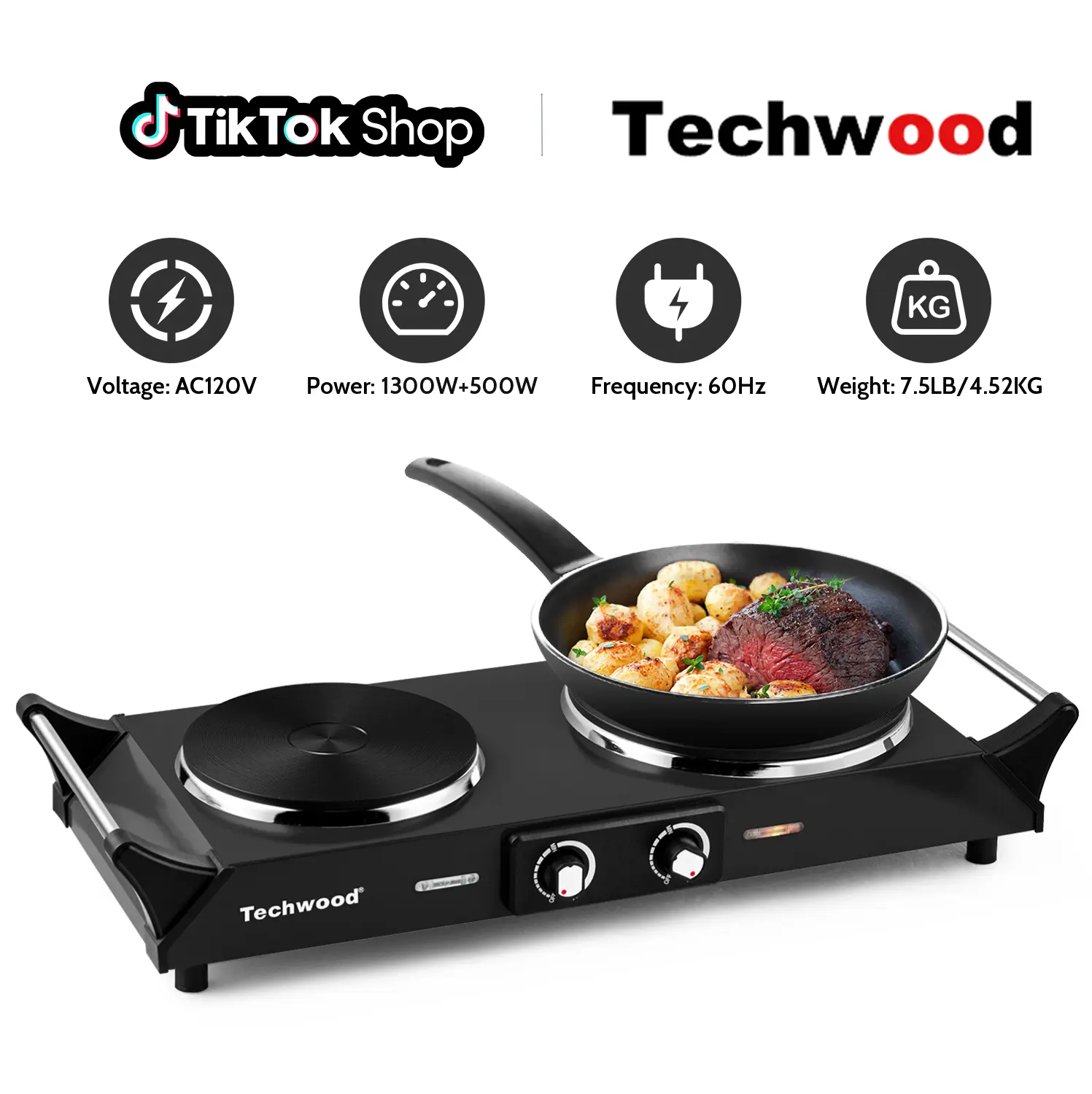 Techwood 1800W Power Portable Induction Hobs - Electric Double Burner Hot Plate, Compact Flat Black Stainless Steel Countertop Range, Cool Touch Handle, Adjust Temp, Precise Temperature Control, All-Cookware Compatible, US Plug, SummerFinds, Stay-Cool Han