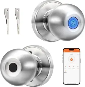 Probrico Satin Nickel Fingerprint Door Knob, Smart Lock for Bedroom Door, Keyless Entry Smart Biometric Door Knob, Interior Door Knob with Fingerprint Lock for Apartment, Office, Closet