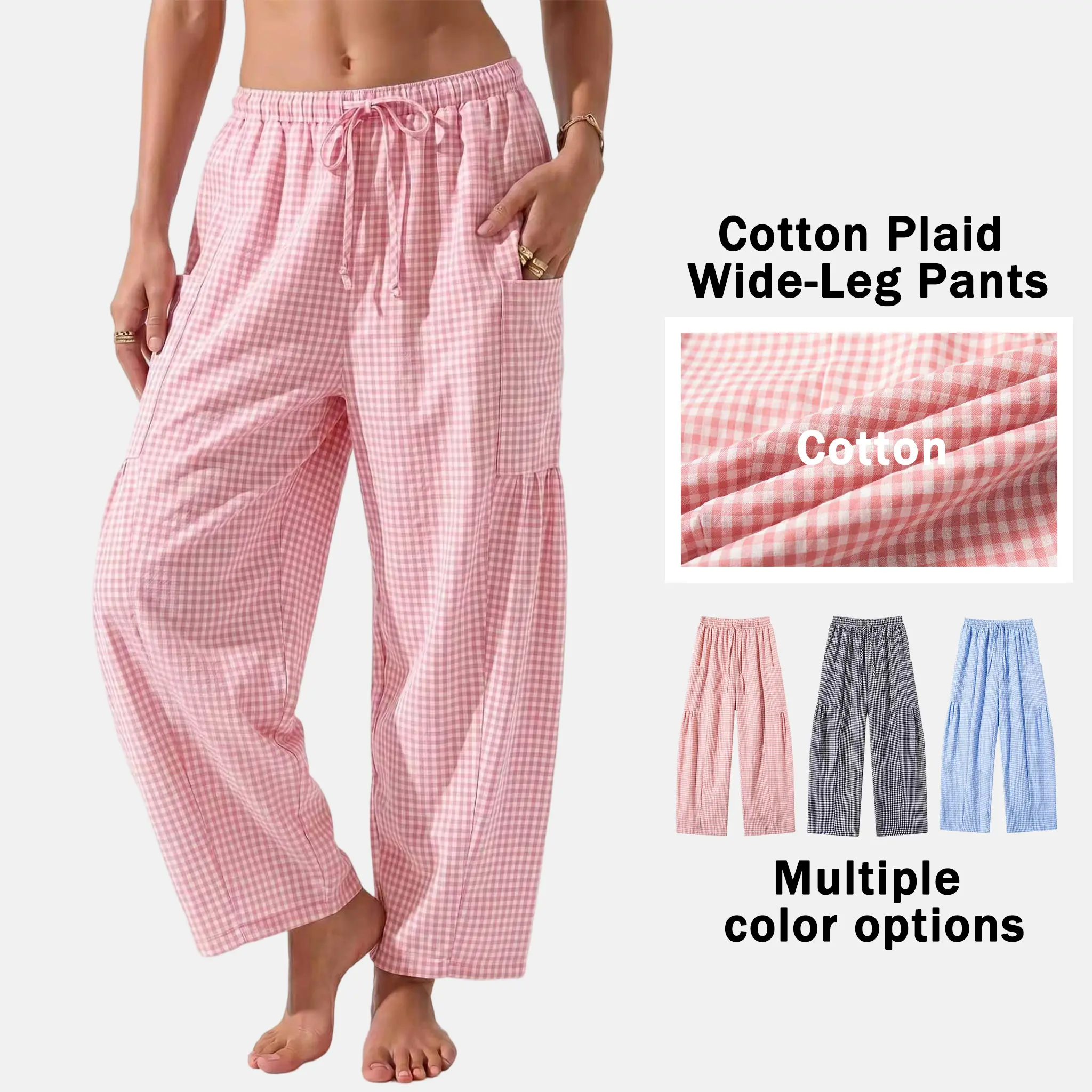 Women’s vacation-style small plaid wide-leg loungewear pants made of cotton with an elastic drawstring waist and side pockets; cloud-like softness, breathable, loose, and comfortable—ideal for sleeping, home office, everyday wear, and vacations.