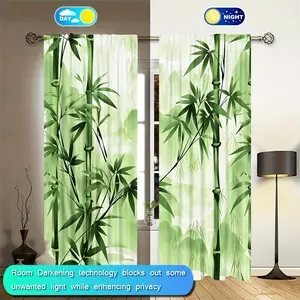 2-Piece Bamboo Forest Digital Print Curtains, Semi-Transparent Polyester Fabric, Rod Pocket Design, Easy Care, Suitable for Living Room & Bedroom, Window Curtain