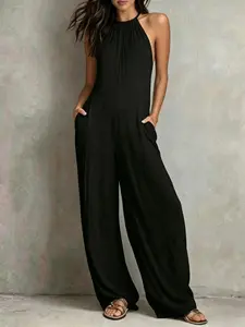 Women's Sexy Halter Tie Backless Sleeveless High Waist Jumpsuit, Wide Leg Pants, Chic Fashionable for Travel and Daily Wear, Spring & Fall Style, Womenswear