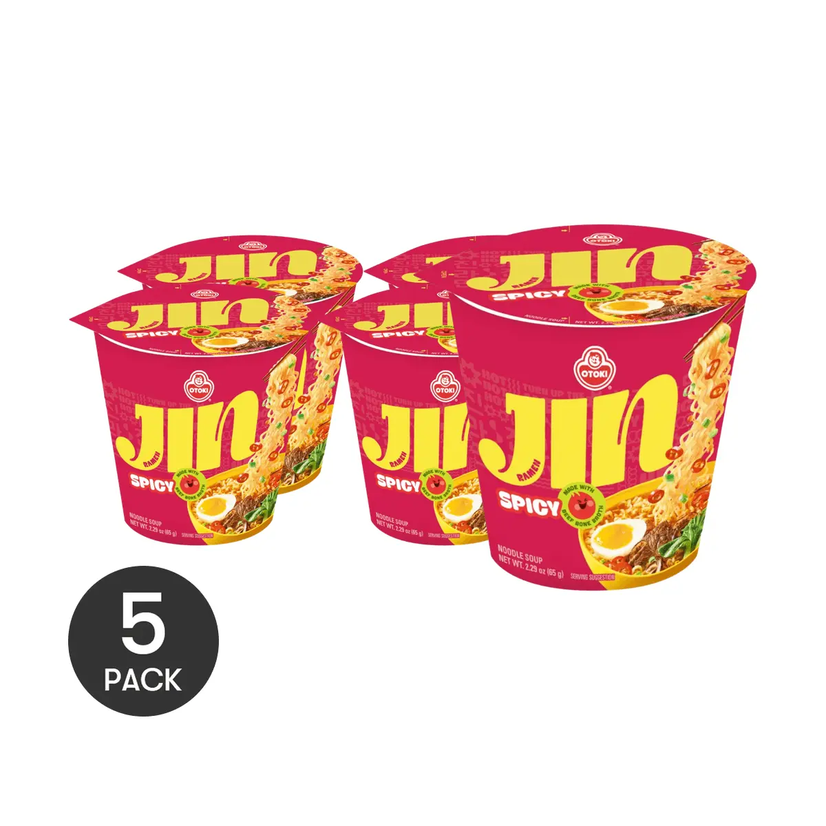 5 Pack OTTOGI Jin Ramen Korean Cup Noodle Spicy 2.29 oz Each - Instant Ramyeon, Quick Meal