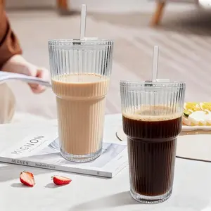 Premium Thick Glass Cup Set with Lid and Straw, 4-Piece Ice Coffee Tea Cocktail Juice Cups, Durable Drinking Glasses for Daily Use, Thickened Glass Cups