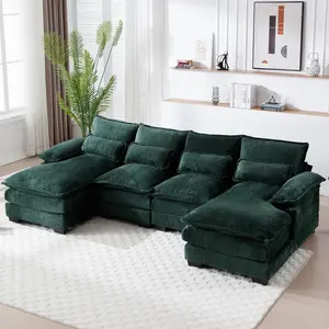 GNIXUU U Shaped Cloud Couch, 110" Chenille Comfy 4 Seat Sectional Couches for Living Room, Modular Sofa Sleeper with Double Chaise & Memory Foam for Apartment(Emerald Green) GNIXUU
