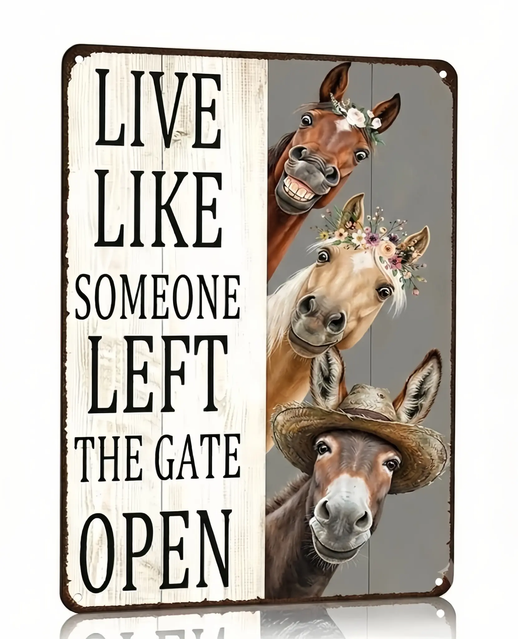 Retro Split Wood Background Funny Horse Donkey Floral Crown Straw Hat Iron Wall Sign, Aged Rust Western Farm Humor Vintage Tin Plaque, Novelty Comical Ranch Wall Decor Gift For Horse Lovers Farmers Cowgirls Housewarming White Elephant