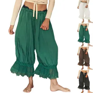 Buenoble Forever Young Lace Bloomers Pants for Women Cropped Boho Loose Fit Crinkled Fabric Fairycore Retro Style