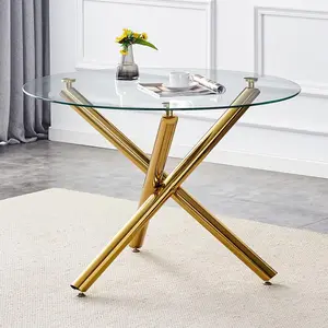 43.3" Round Glass Dining Table for 4-6 – Modern Clear Top with Gold X Legs, Space Saving Circle Table for Kitchen Apartment, Golden