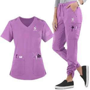 Stretchable 2pcs Set Stacked Pants  & Sholder Laces , V-Neck Shirt. (White logo shown is not included with this style.)