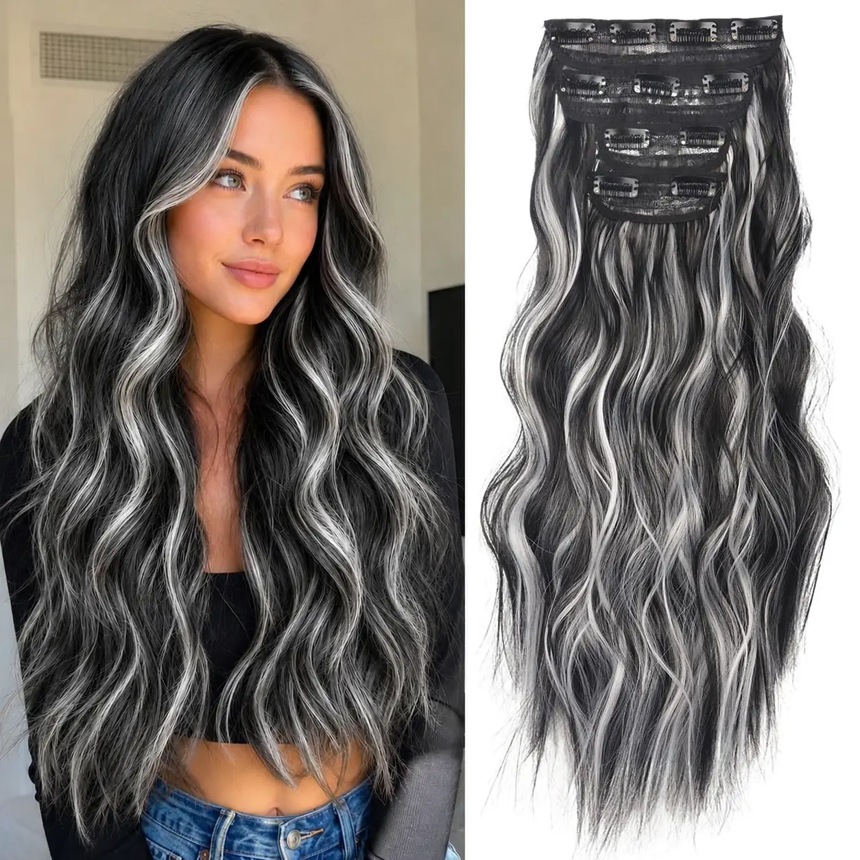 Women's Multi Clips In Hair Extensions - 4 Pcs Thick Double Weft, 20 in Long Wavy Soft Synthetic, Comfortable All-Day Wear, Blends Well Synthetic Hair Extensions, Wavy Texture