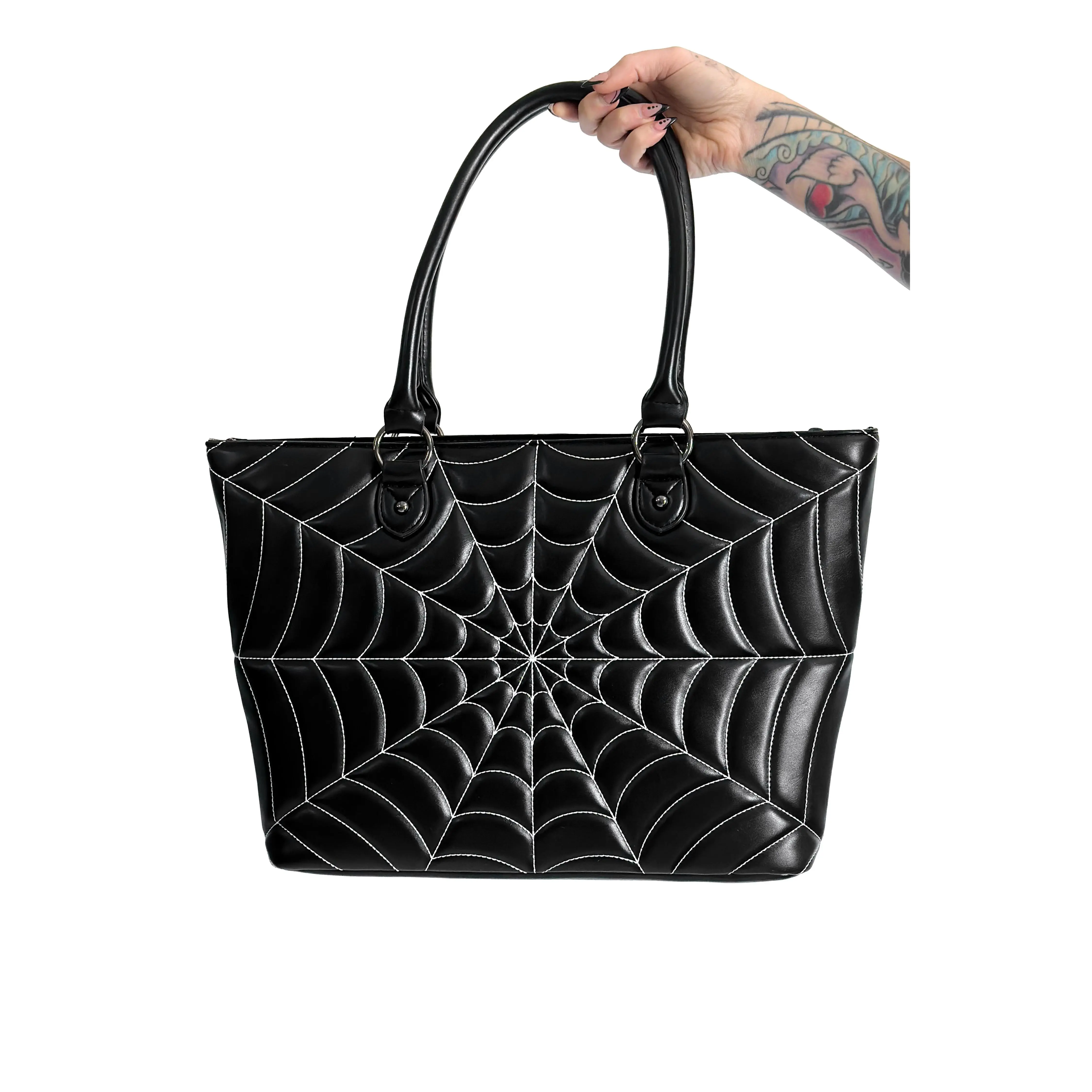 Women's Aesthetic Geometric Spider Web Fashion Tote Bag - Black/White PU Leather, 2 Open Top Pockets, Hidden Zippered Pocket, Multi-Compartment, 23 in Top Handle Length, Fashion Bags, Aesthetic Tote, Geometric Pattern Bag