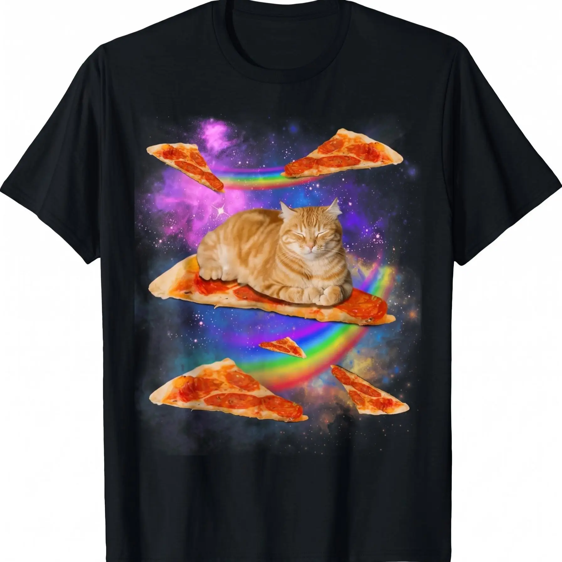 Funny Galaxy Cat In Space T-Shirt | Cute Cat Riding Pizza Graphic Tee | Humorous Cosmic Kitten Laser Eye Retro Unisex Top,Gold,,,