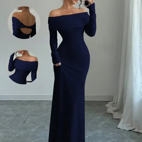Spring Summer New One Shoulder Fashion Chic Formal Slim Fit Elegance Lady Sexy Fitted Bodycon Dress, Off Shoulder Dresses, Long Sleeve Plain Design, Women's Clothing, Womenswear