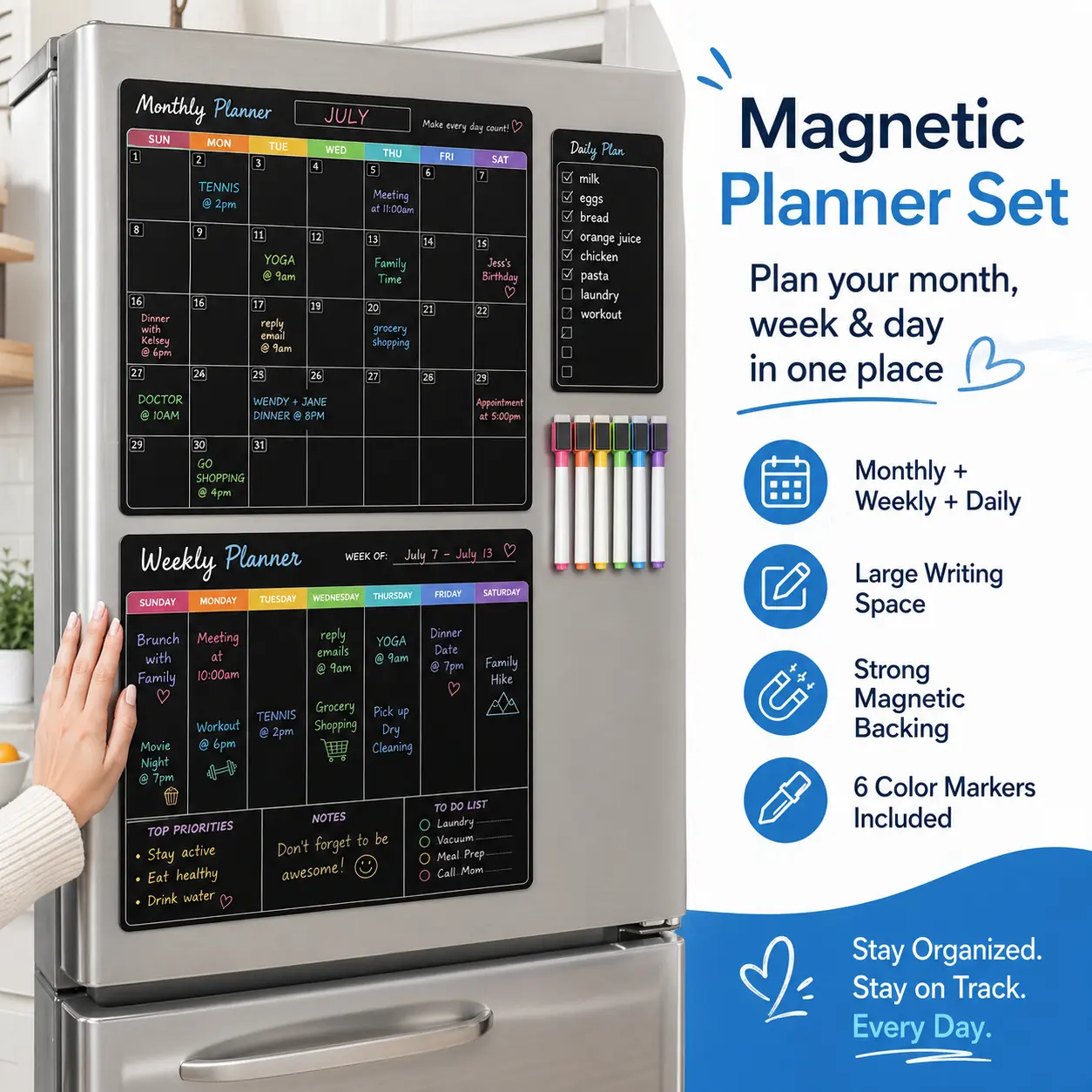 3-Pack Magnetic Refrigerator Calendar - Office Stationery Supplies, Dry Erase Monthly & Weekly Fridge Whiteboard with 8 Easy-to-Use Dry Erase Markers, 1 Eraser, 1 Shopping List (Black-White), Large Writing Space, Non-Slip Backing for Home To-Do Planning