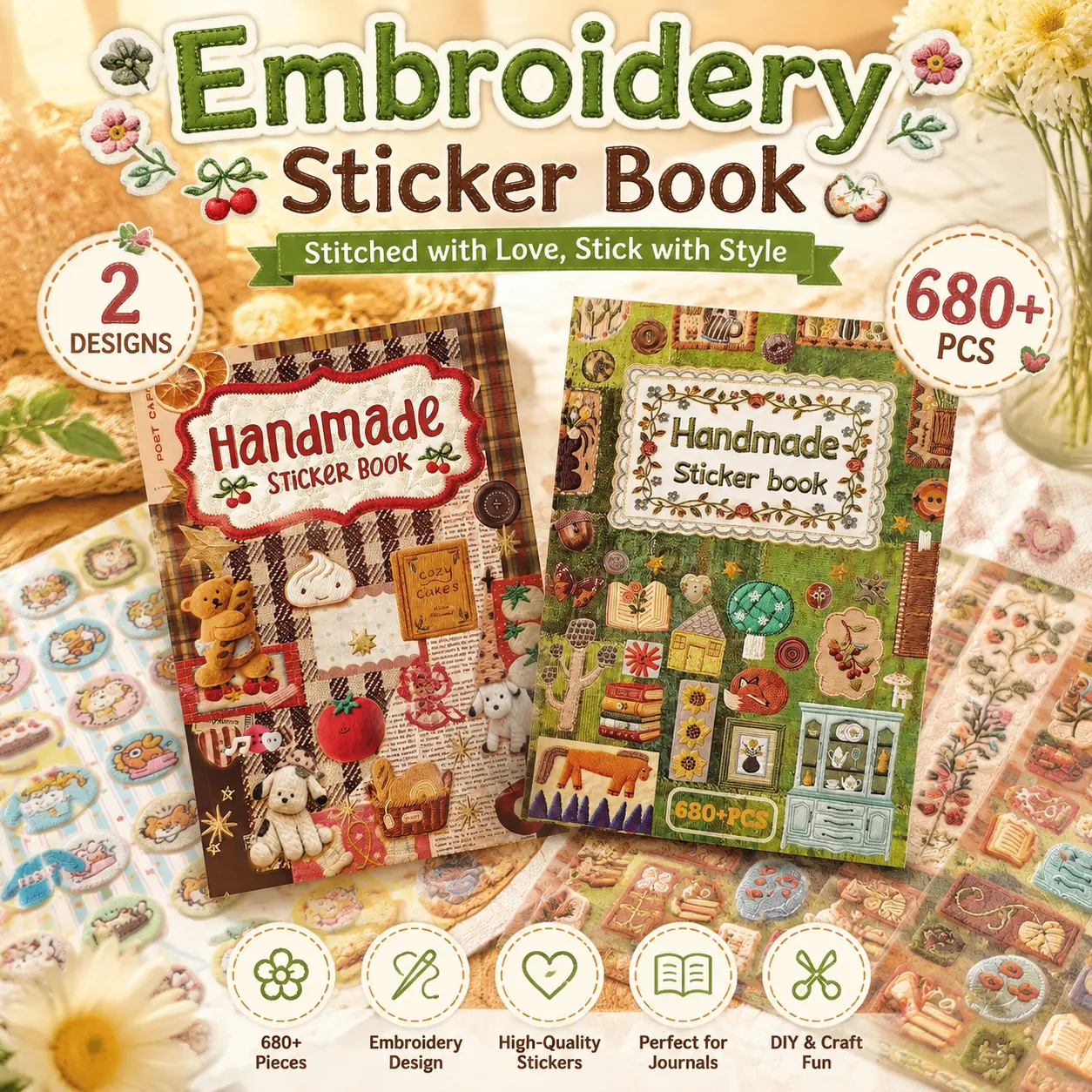 680+ Pcs Faux Embroidery Sticker Book - Realistic Matte Stitching Stickers, 30 Sheets for Junk Journals, Scrapbooking & DIY Crafts
