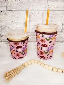 Mushroom Garden Coffee Koozie - Iced Coffee Sleeve, Drinkware, Beverage Cooler, Flowers, Lavender, Cottagecore, Travel Mug