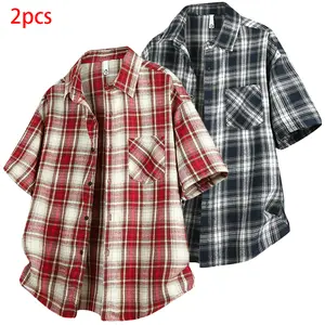 Men’s Retro Checked Short-Sleeve Shirt - Turn-Down Collar, Loose Fit, Open-Front Jacket Option, Stylish Comfortable Menswear Top, Shortsleeve, Summer Wear, Father’s Day Gift