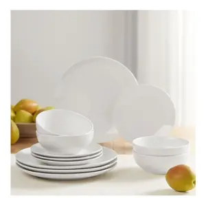 Glazed White Stoneware Dinnerware Set 12-Pieces - Elegant Ceramic Tableware for Everyday Use