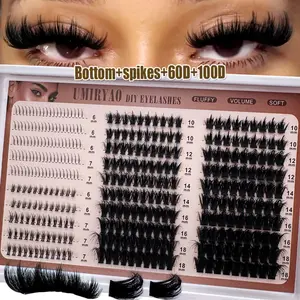 Spikes+Bottom+300D+200D/160D+100D/60D Fluffy Lash Clusters 4 IN 1 Eyelash Clusters Spikes Eyelash With Bottom Lashes Clusters Thick Cluster Eyelash Extensions D/DD Curl Lashes Clusters Individual Lashes 6-18MM Cosplay 3D Spiky Wispy Thick Mink Fake Eyelas