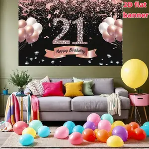 Pink gold diamond 21st birthday party background fabric, happy birthday polyester banner, suitable for living rooms, bedrooms, offices, birthdays, anniversaries, home decoration, outdoor and indoor parties, photography background fabric