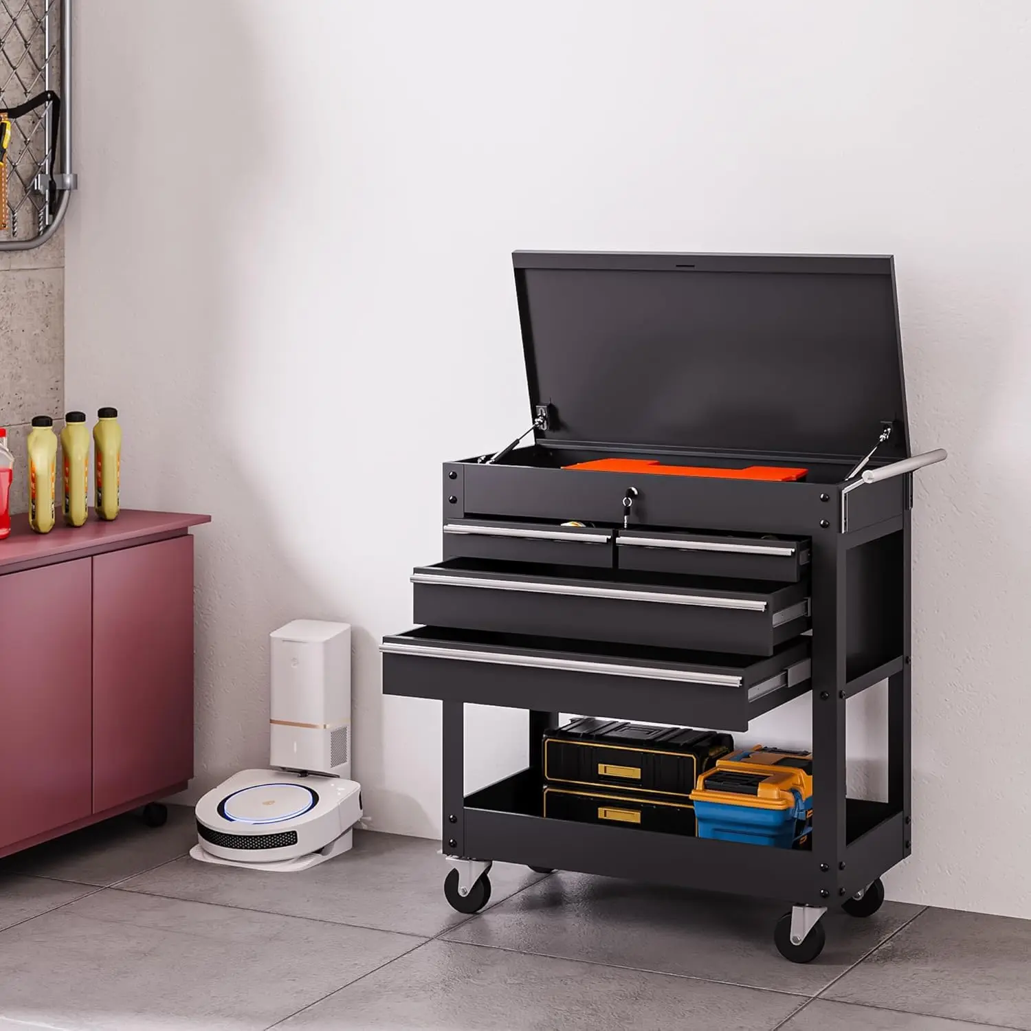 GARVEE 4-Drawer Rolling Tool Chest – Heavy-Duty Powder-Coated Steel Tool Box Cart with Lock and Wheels, Durable Organizer for Garage, Warehouse, Workshop, and Repair Shop