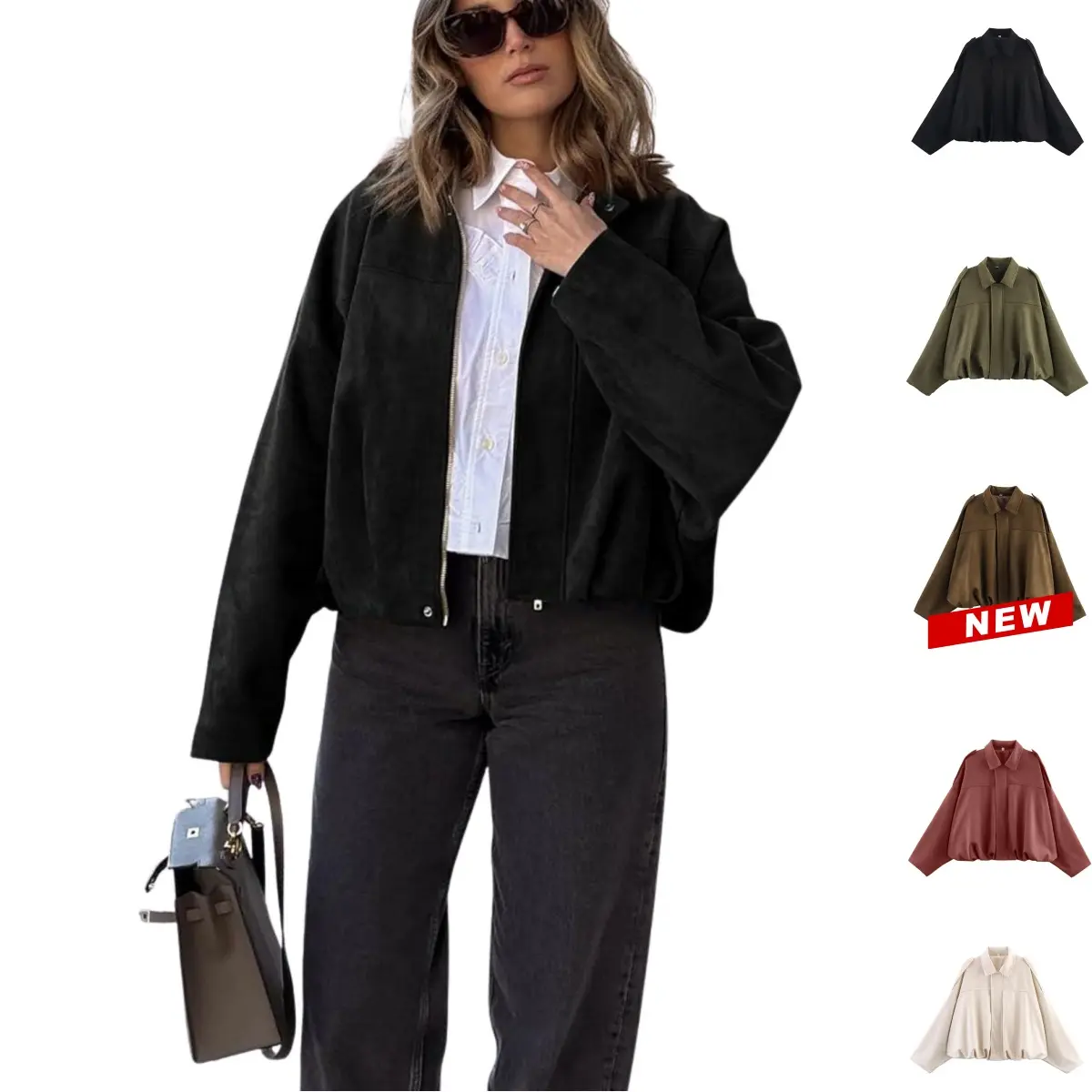 Tanming Women's Faux Suede Oversized Lapel Zip-Up Pilot Bomber Jacket - Long Sleeve Tops with Epaulets, Batwing Sleeves, Pleated Hem - Minimalist Basic Style Streetwear Motorcycle Outerwear (TikTokShopBlackFriday Casual Wear),summerwins