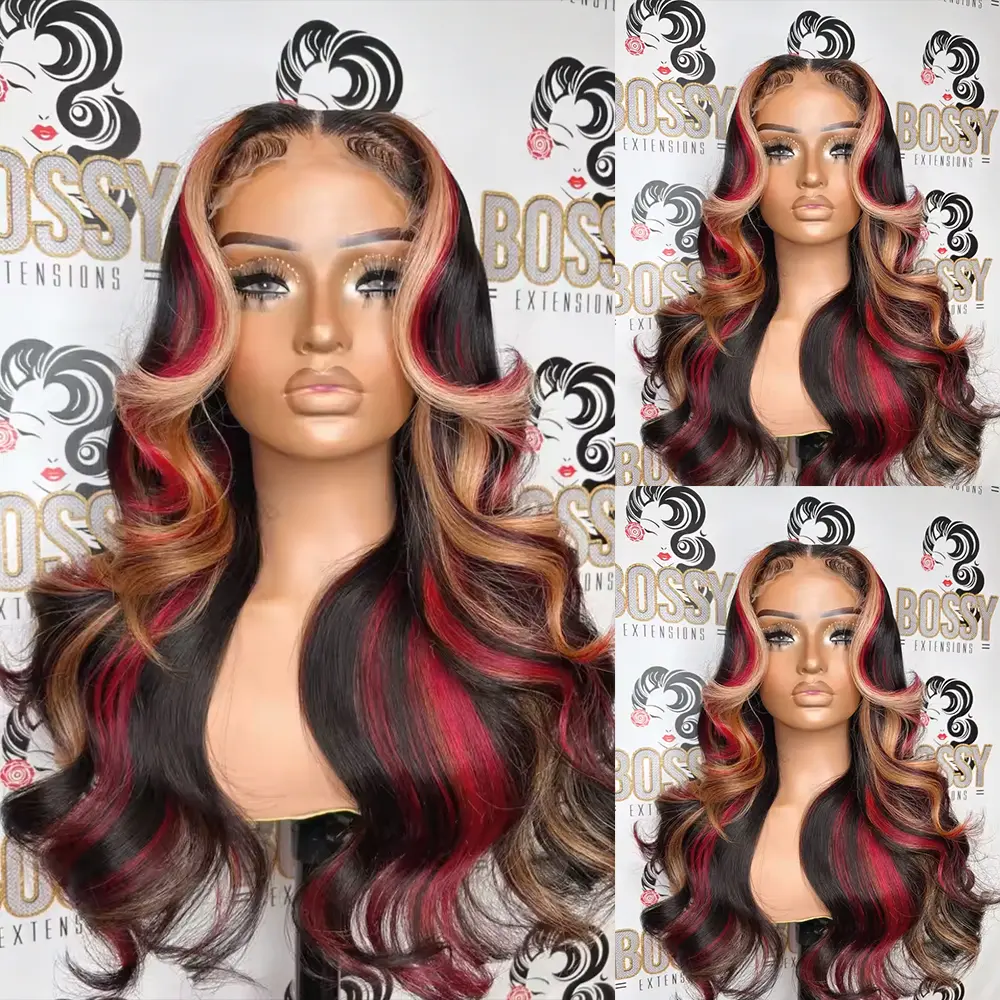 Women's 28in HD Glueless Loose Body Wave Synthetic Lace Front Wig, 13x4 Ear-to-Ear Small Edge Part, Red With Blonde Highlights, Heat Resistant, Washable, Medium Cap With Adjustable Straps & Clips, Long-Lasting, 26in Option, Synthetic Wig Spray Compatible