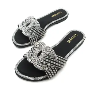 Women's Padded Open-Toe Slip-On Sandals, Strapy Rhinestone-Embellished Flat Heel Shoes, Soft Padding Sparkling Shine Anti-Slipping PU Leather Summer Casual Footwear