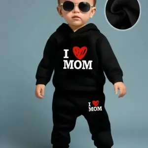 Spring Autumn Baby Boys Girls Letter Print Fleece Hoodie Pants Set, Casual Two-Piece, Comfortable and Warm, Baby Boy Clothes