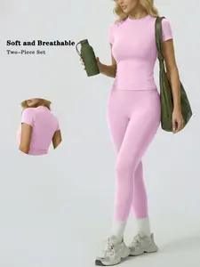 Two piece set womens loungewear set waist shaping breathable soft fabric short sleeve long pants sportswear yoga outfit high stretch leggings comfortable unrestrained slim fit versatile casual ladies pajama set