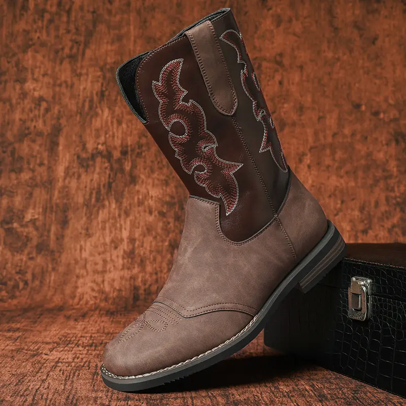 CYUW Men’s Classic Square-Toe Cowboy Boots, Exquisite Vintage Embroidery, Skin-Friendly Soft PU Leather Upper, Comfortable for Prolonged Walking, Fashionable, Wear-Resistant Rubber Outsole – Western Boots for Everyday Casual Outdoor Use, Shoe, Walking Sho