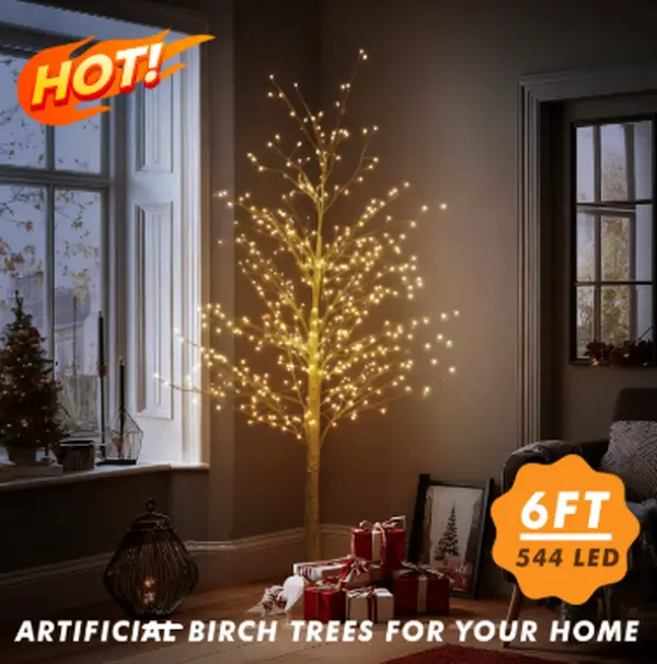Hoodink 6ft Lighted Birch Tree with 544 Warm White LED Lights - Id Twig Tree, Decorndoor Decorative Twig Tree for Home,  Christmas Holiday Decor,Lighteative LED Tree, Warm White Glow, Birch Wood Aesthetic, Plastic Birch Foliage, Durable Metal Base sum