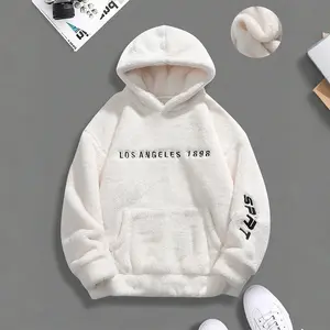Men's American Style Hoodie, Embroidered Letter Fleece Pullover, Sherpa-Lined Winter Sweatshirt, Oversized Streetwear Unisex Casual Top