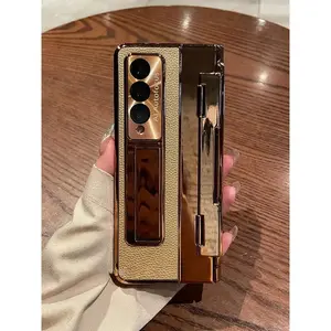 For Samsung Galaxy Z Fold 5 Z Fold 4 Z Fold 3 5G Case with Screen Protector Luxury Leather One-Piece Plating Stand Cover Gold