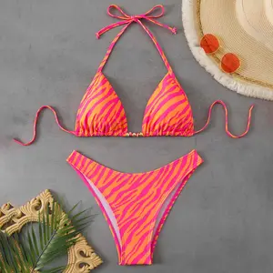 Women's Zebra Print Bikini Set, Neon Pink & Orange Striped Triangle Halter Top with Front Bead Embellishment, Adjustable Tie Neck & Side Strings, High Cut Cheeky Bikini Bottom, Two Piece Bathing Suit for Beach Pool Vacation