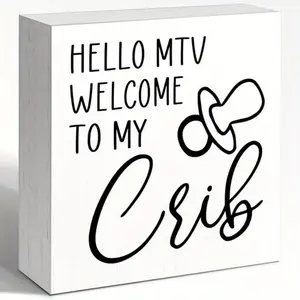 Hello MTV Welcome To My Crib Sign, Home Living Dining Room Wood Box Sign Decor, Retro Baby Room Shelves Decor, Housewarming New House Gift 5x5 INCH